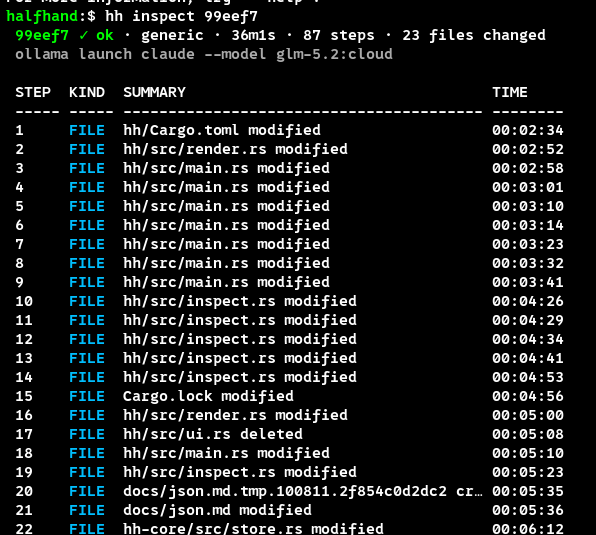 hh inspect output showing a step-by-step file-change timeline from a recorded Claude Code session